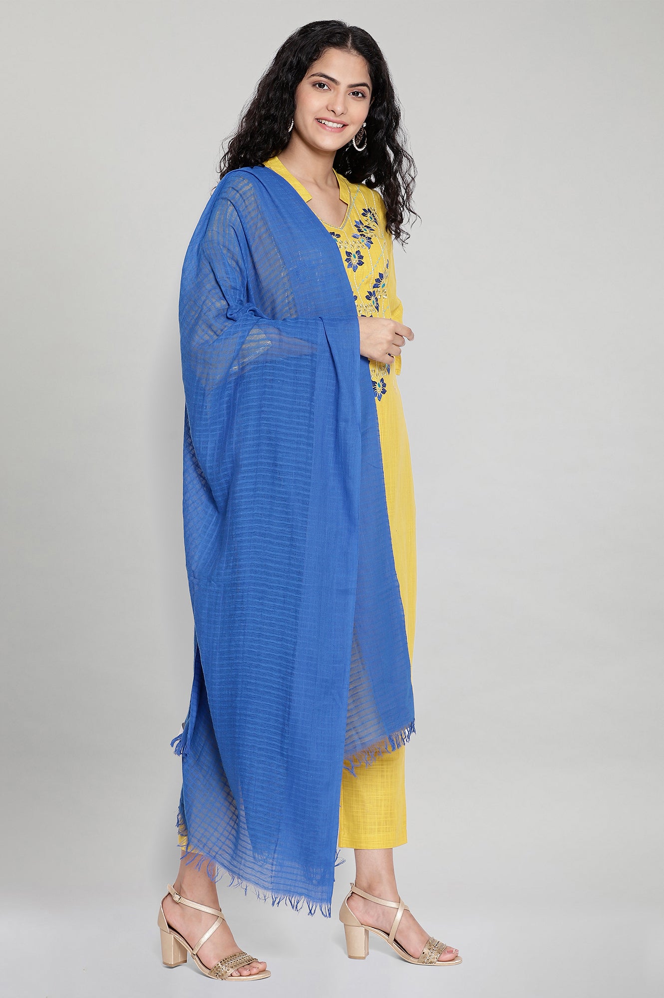 Yellow Embroidered kurta-Trousers-Blue Dupatta Set