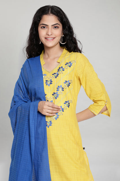 Yellow Embroidered kurta-Trousers-Blue Dupatta Set