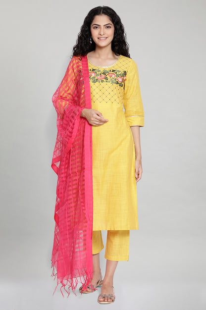 Yellow Embroidered kurta-Trousers-Pink Dupatta Set