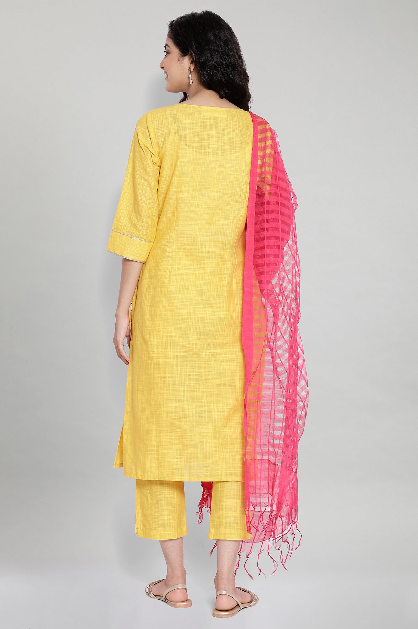 Yellow Embroidered kurta-Trousers-Pink Dupatta Set