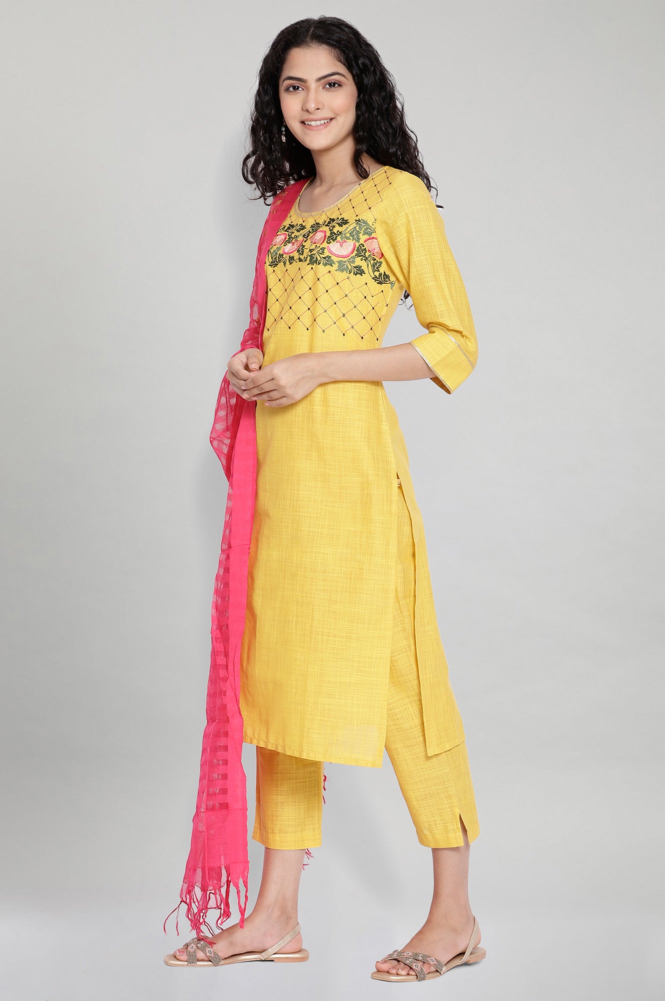 Yellow Embroidered kurta-Trousers-Pink Dupatta Set