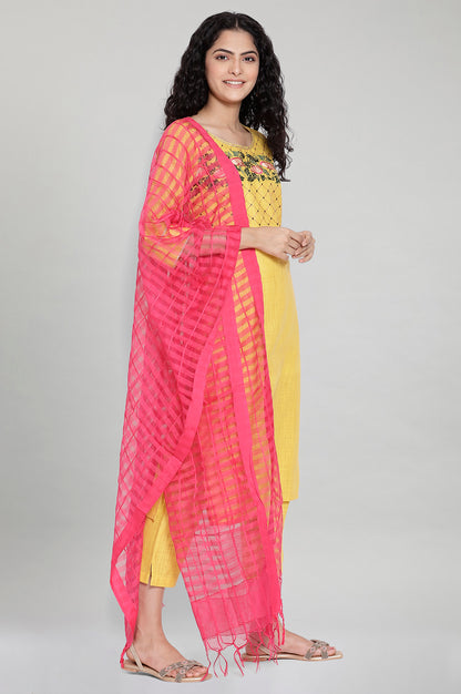 Yellow Embroidered kurta-Trousers-Pink Dupatta Set