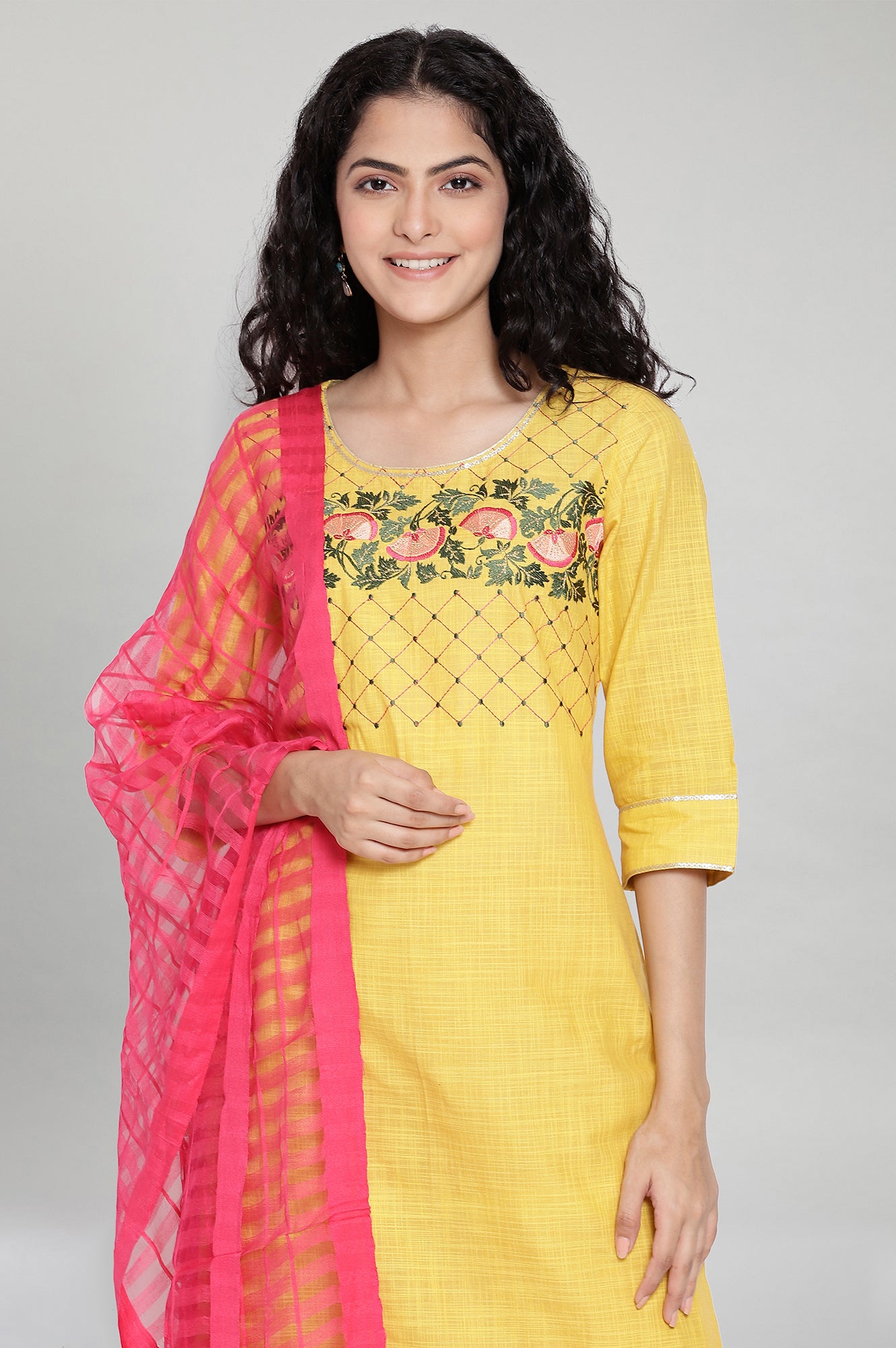 Yellow Embroidered kurta-Trousers-Pink Dupatta Set