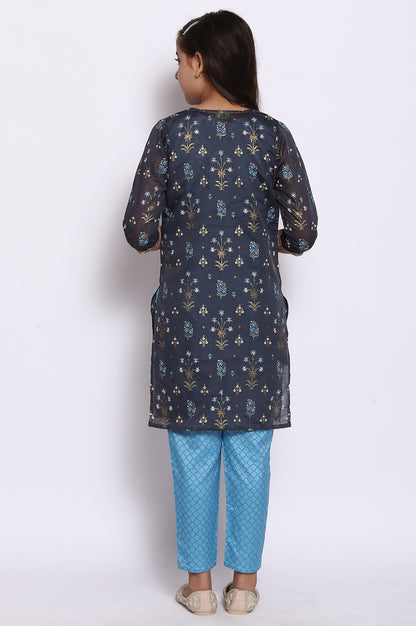 Blue Straight kurta-Trousers-Gillet Girls Set