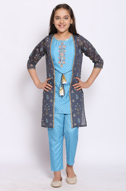 Blue Straight kurta-Trousers-Gillet Girls Set