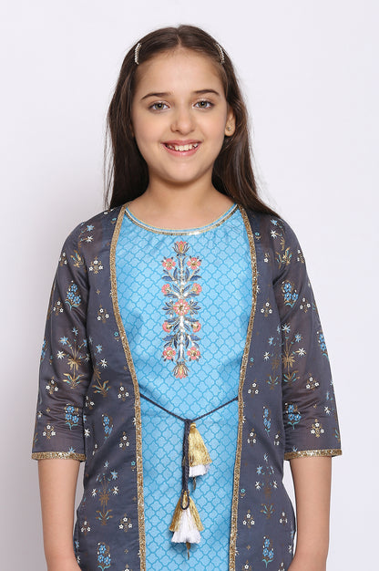 Blue Straight kurta-Trousers-Gillet Girls Set