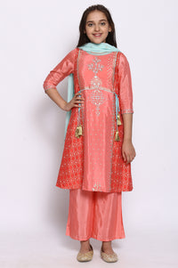 Pink Flared kurta-Trousers-Dupatta Girls Set