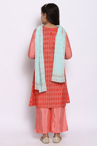 Pink Flared kurta-Trousers-Dupatta Girls Set