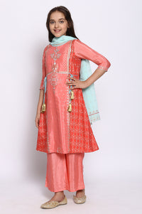 Pink Flared kurta-Trousers-Dupatta Girls Set