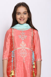 Pink Flared kurta-Trousers-Dupatta Girls Set