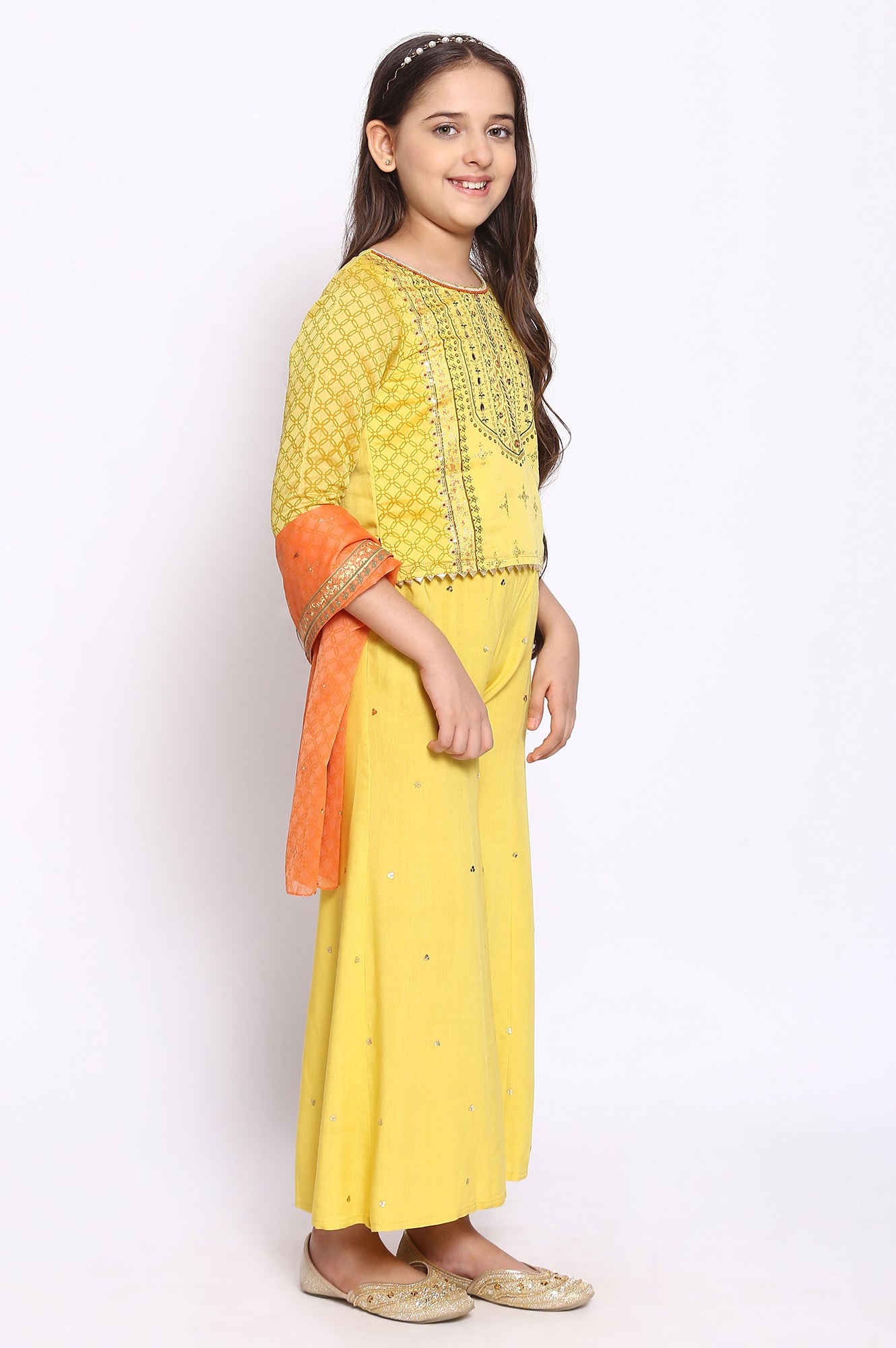 Yellow Printed kurta-Palazzos-Dupatta Girls Set