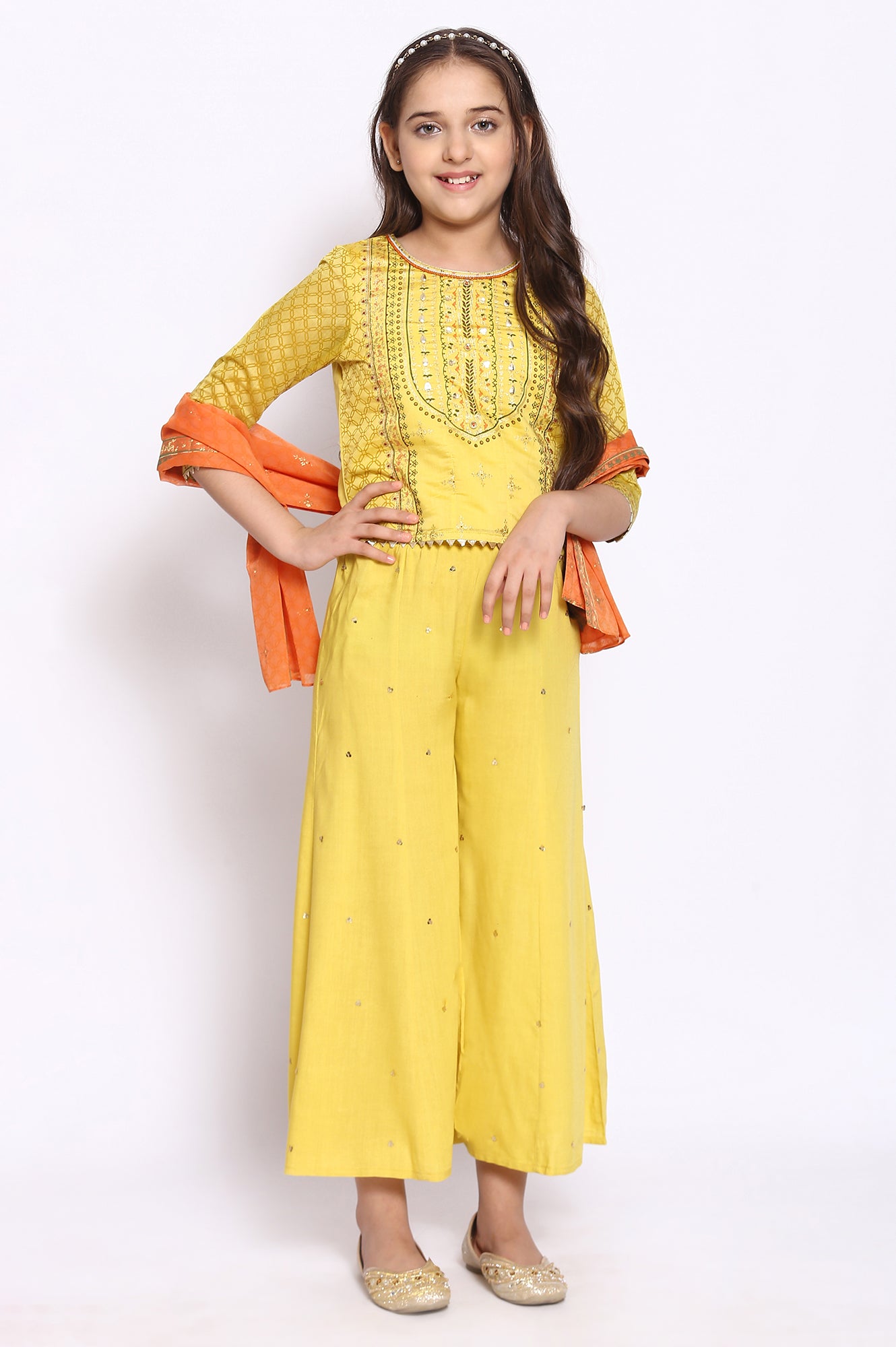 Yellow Printed kurta-Palazzos-Dupatta Girls Set