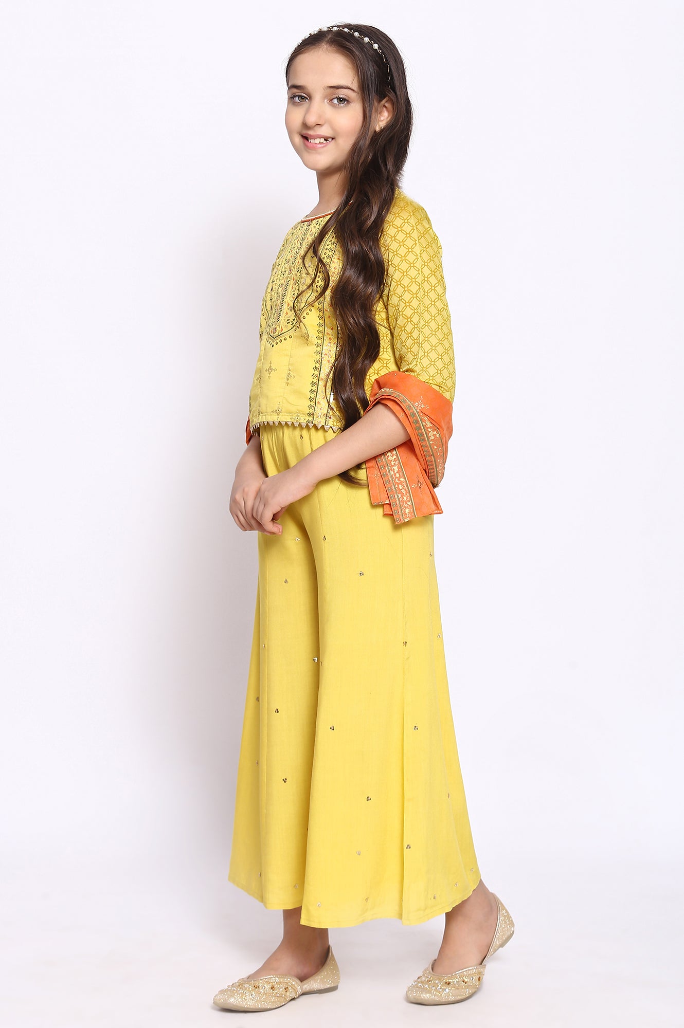 Yellow Printed kurta-Palazzos-Dupatta Girls Set