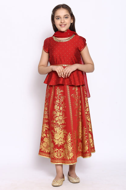 Scarlet Red Top-Skirt-Dupatta Girls Set