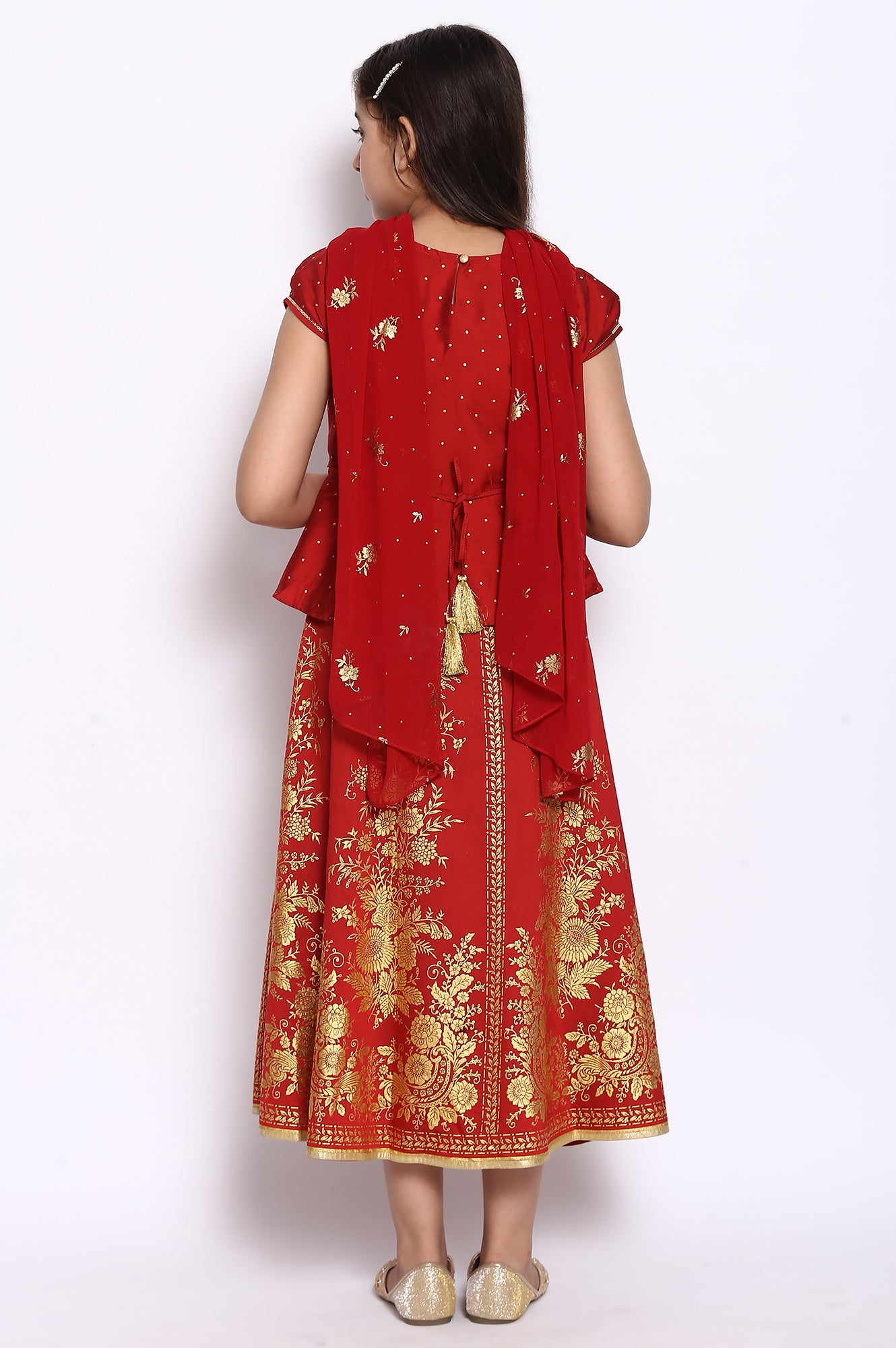 Scarlet Red Top-Skirt-Dupatta Girls Set