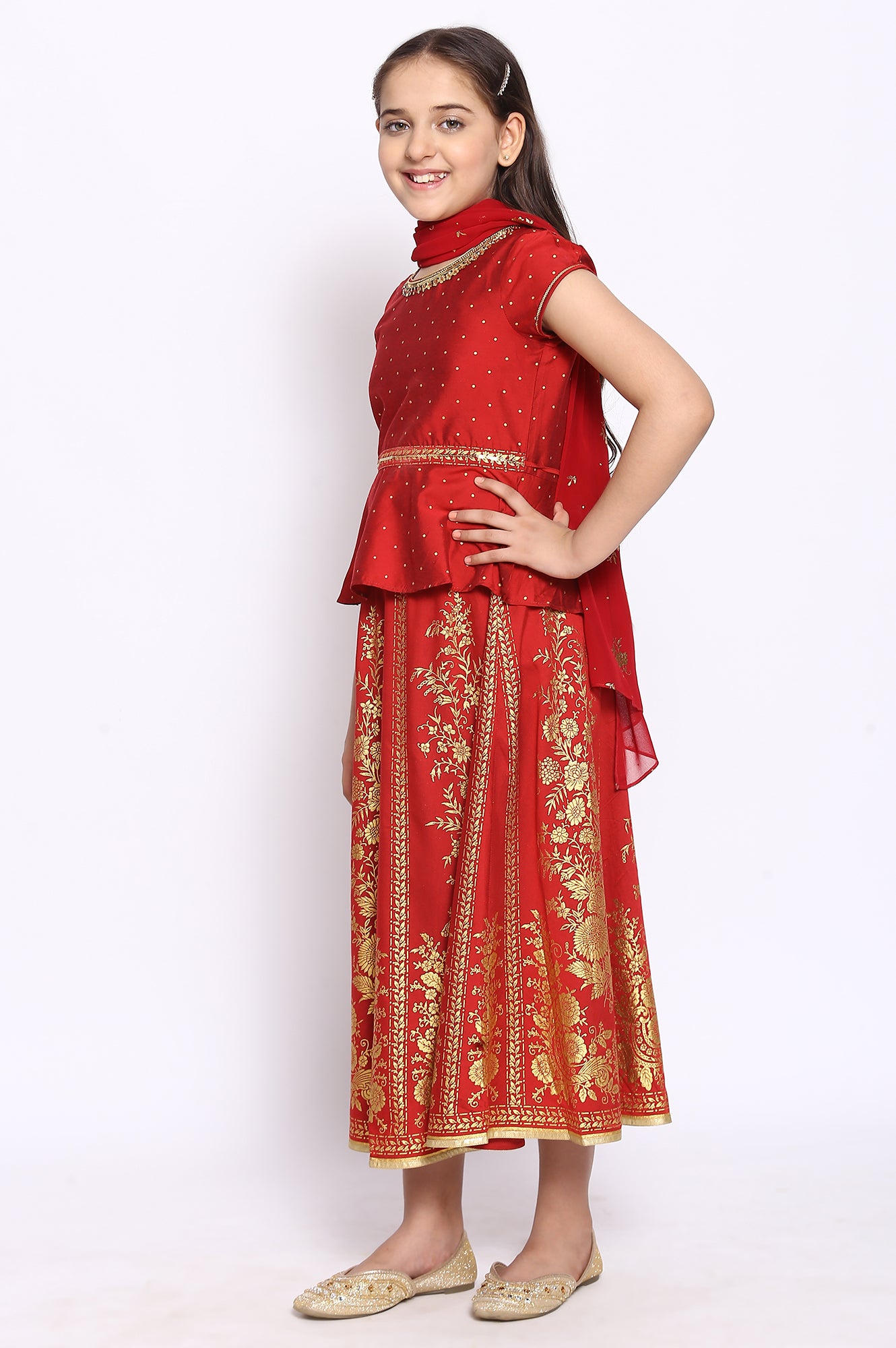 Scarlet Red Top-Skirt-Dupatta Girls Set