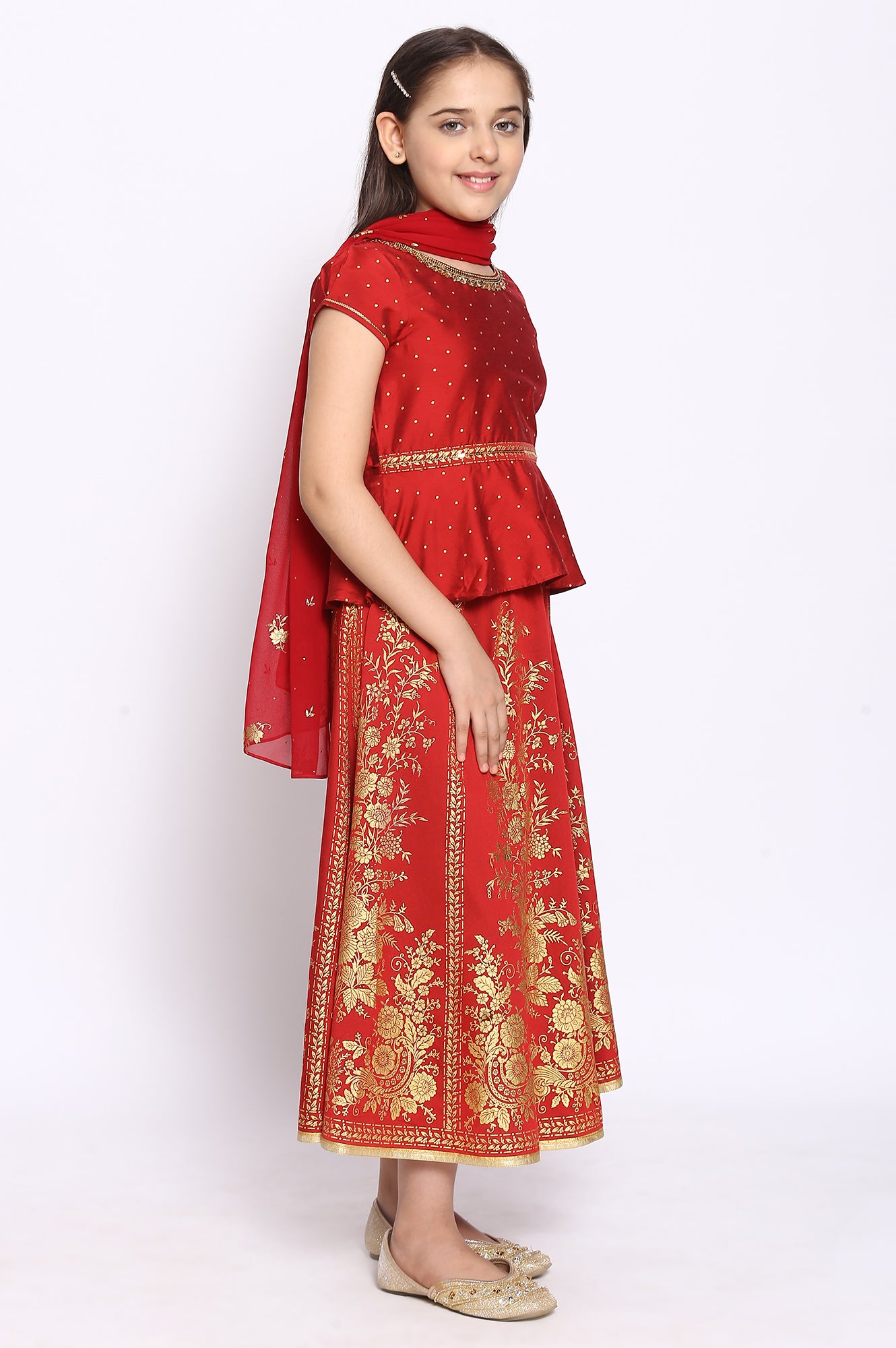 Scarlet Red Top-Skirt-Dupatta Girls Set