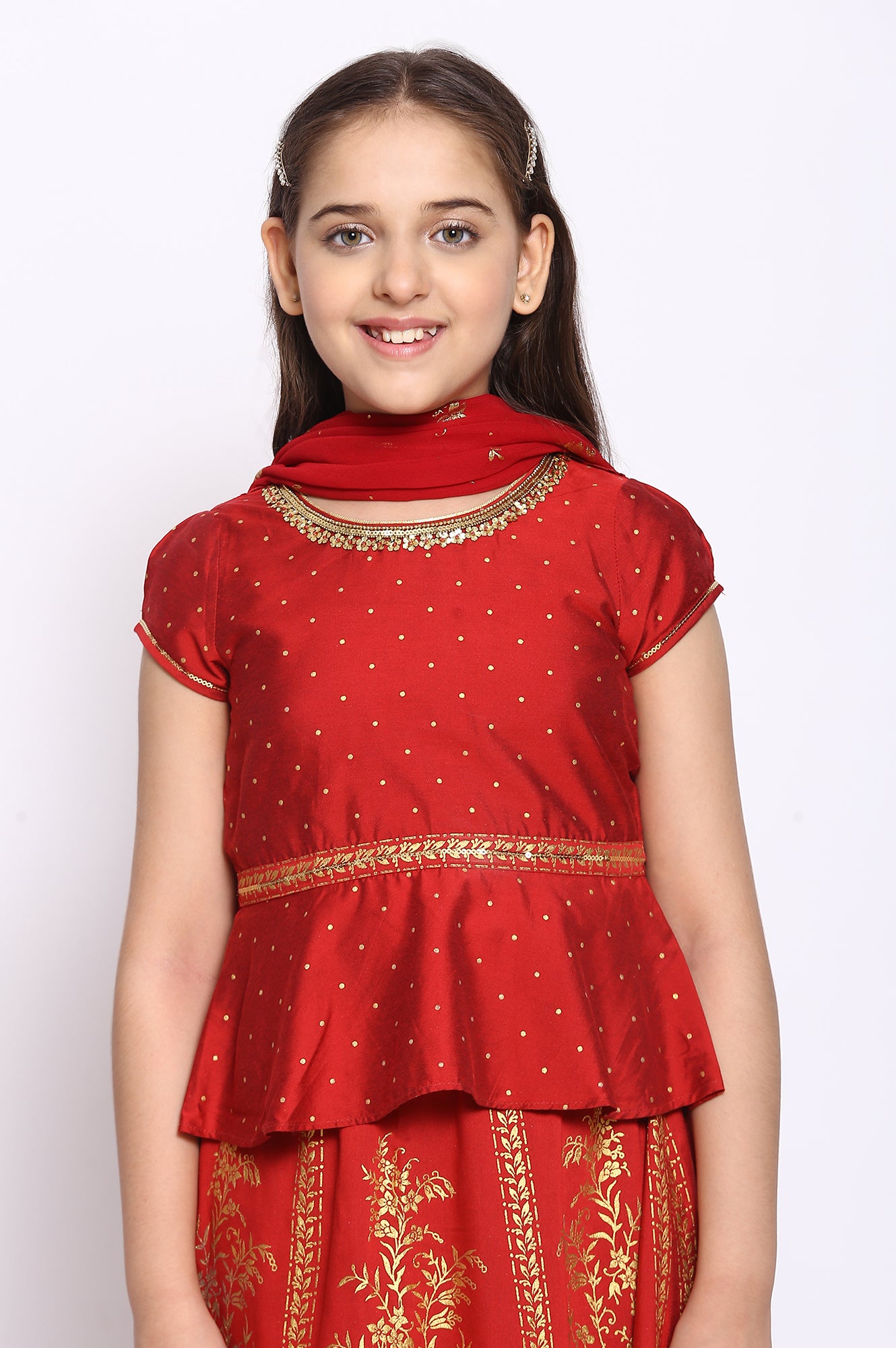 Scarlet Red Top-Skirt-Dupatta Girls Set