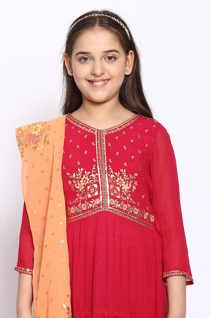 Sweet Rose Pink Tiered Dress-Dupatta Girls Set