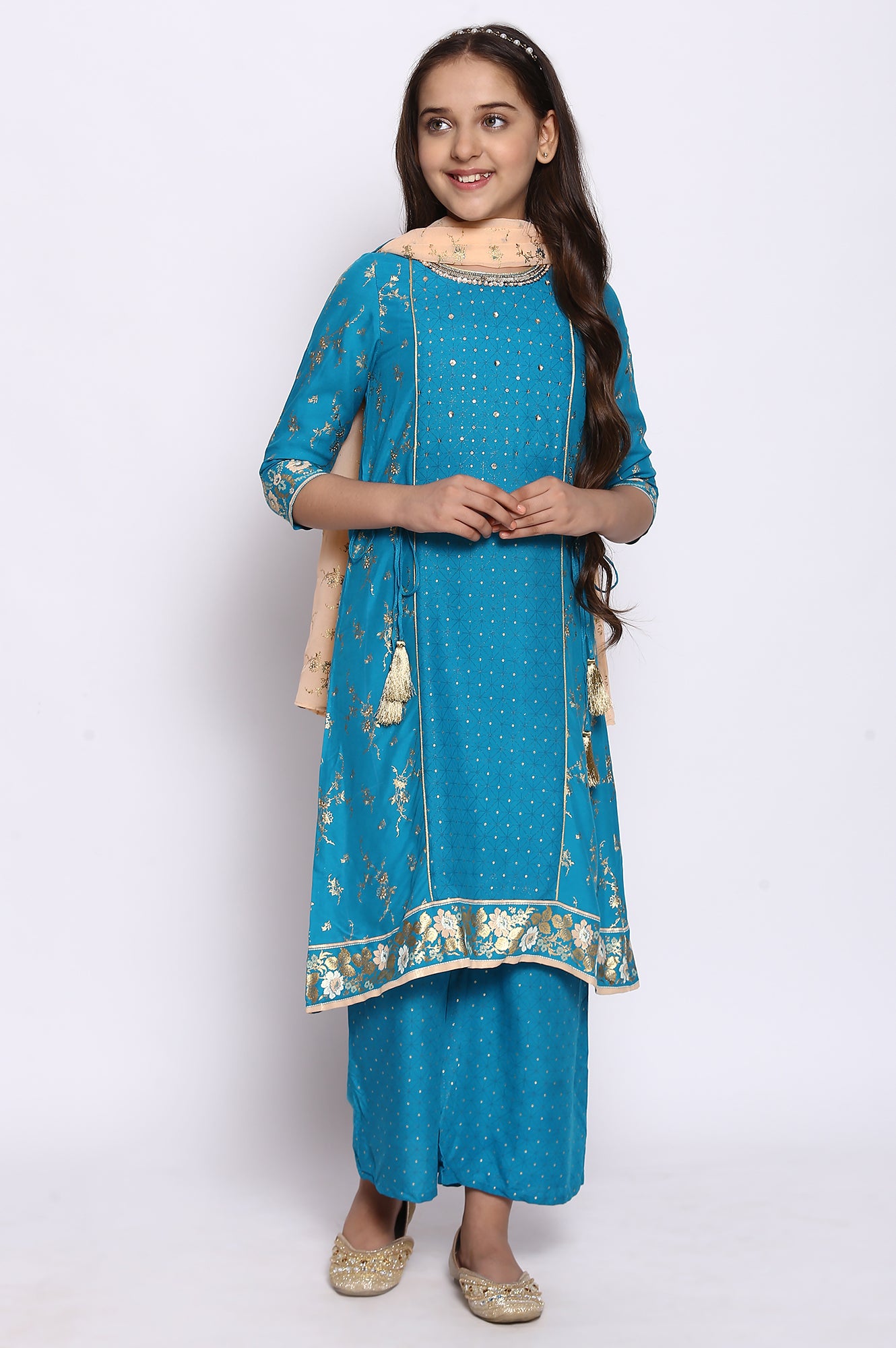 Blue A-line kurta-Palazzos-Dupatta Girls Set