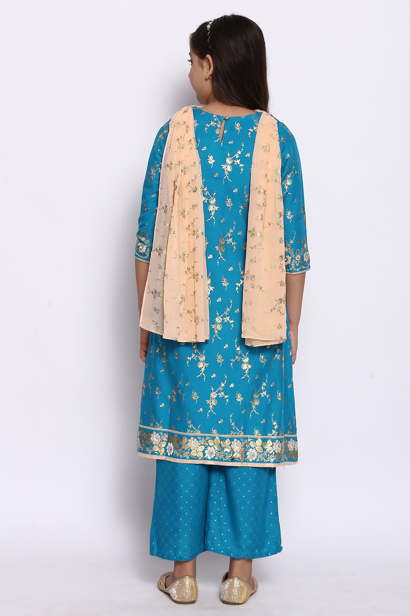 Blue A-line kurta-Palazzos-Dupatta Girls Set