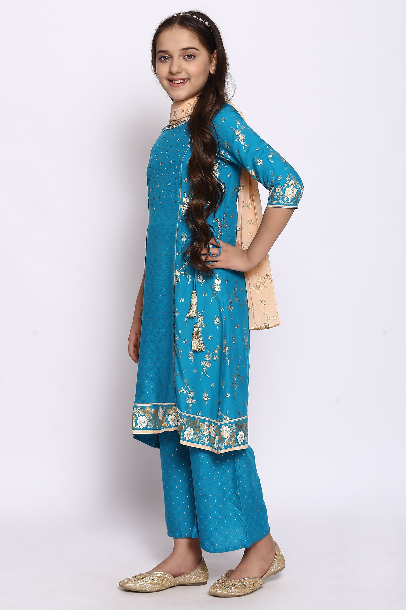 Blue A-line kurta-Palazzos-Dupatta Girls Set