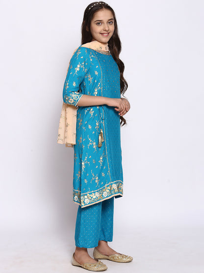 Blue A-line kurta-Palazzos-Dupatta Girls Set