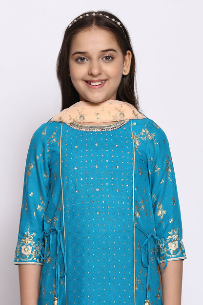 Blue A-line kurta-Palazzos-Dupatta Girls Set