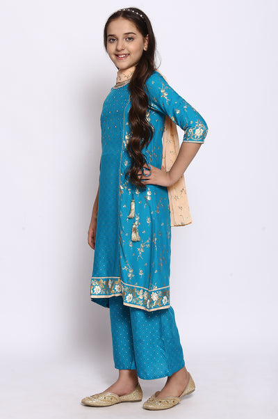 Blue A-Line kurta-Palazzos-Dupatta Girls Set