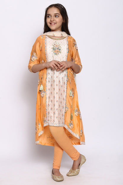 Peach Printed kurta-Tights-Dupatta Girls Set