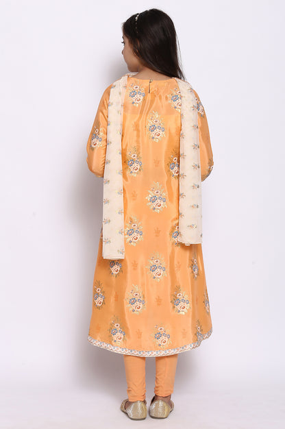 Peach Printed kurta-Tights-Dupatta Girls Set