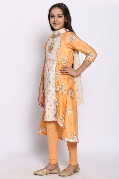 Peach Printed kurta-Tights-Dupatta Girls Set