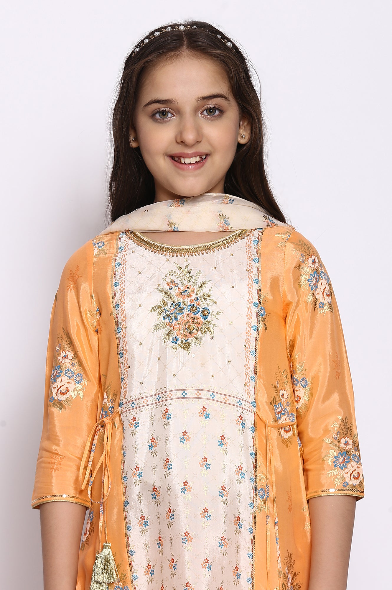 Peach Printed kurta-Tights-Dupatta Girls Set