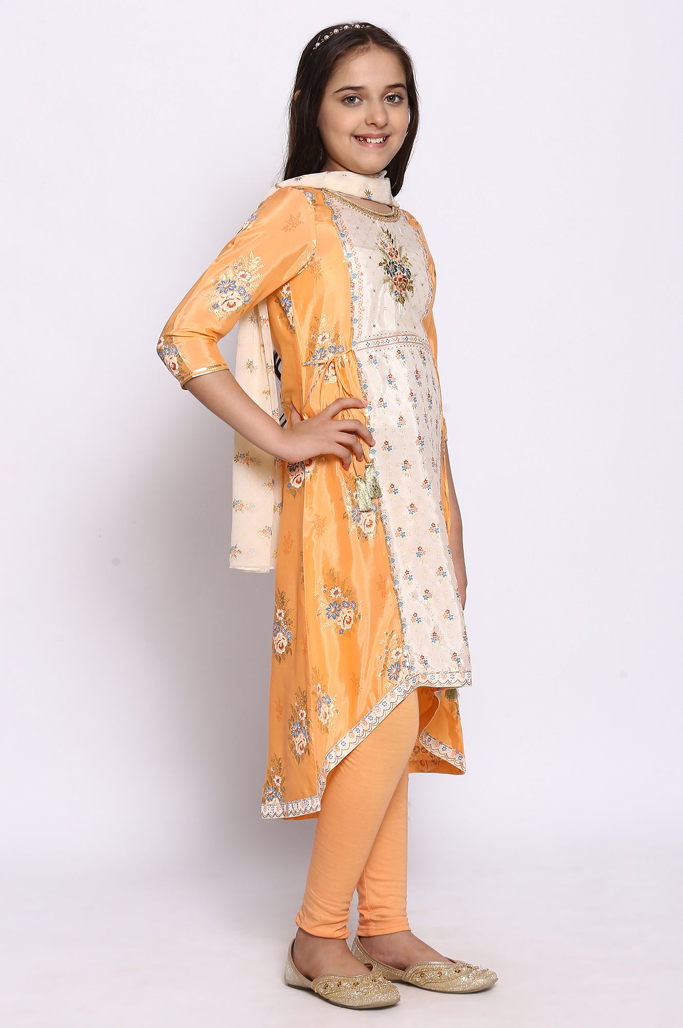 Peach Printed kurta-Tights-Dupatta Girls Set