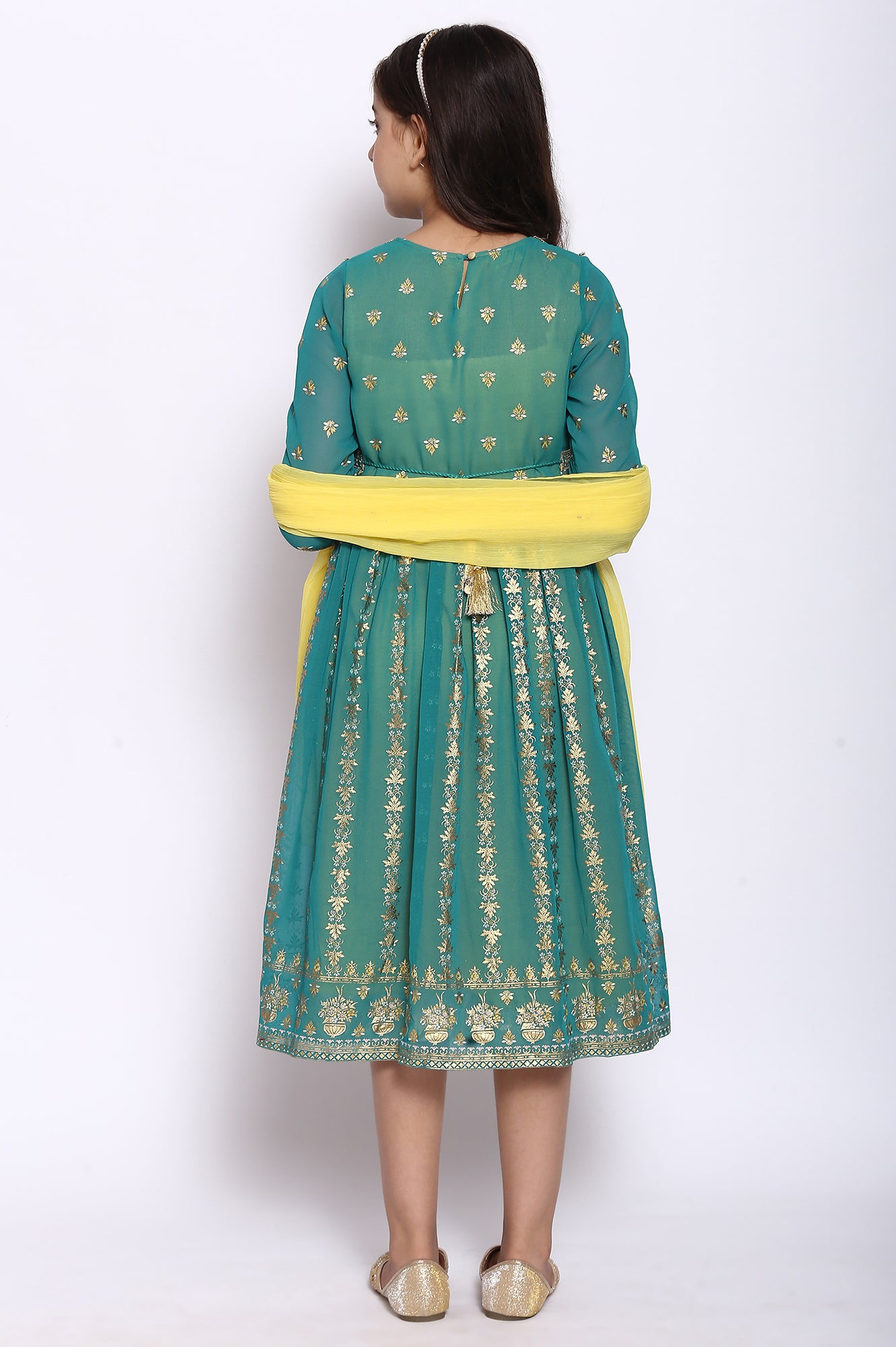 Green Flared Dress-Dupatta Girls Set