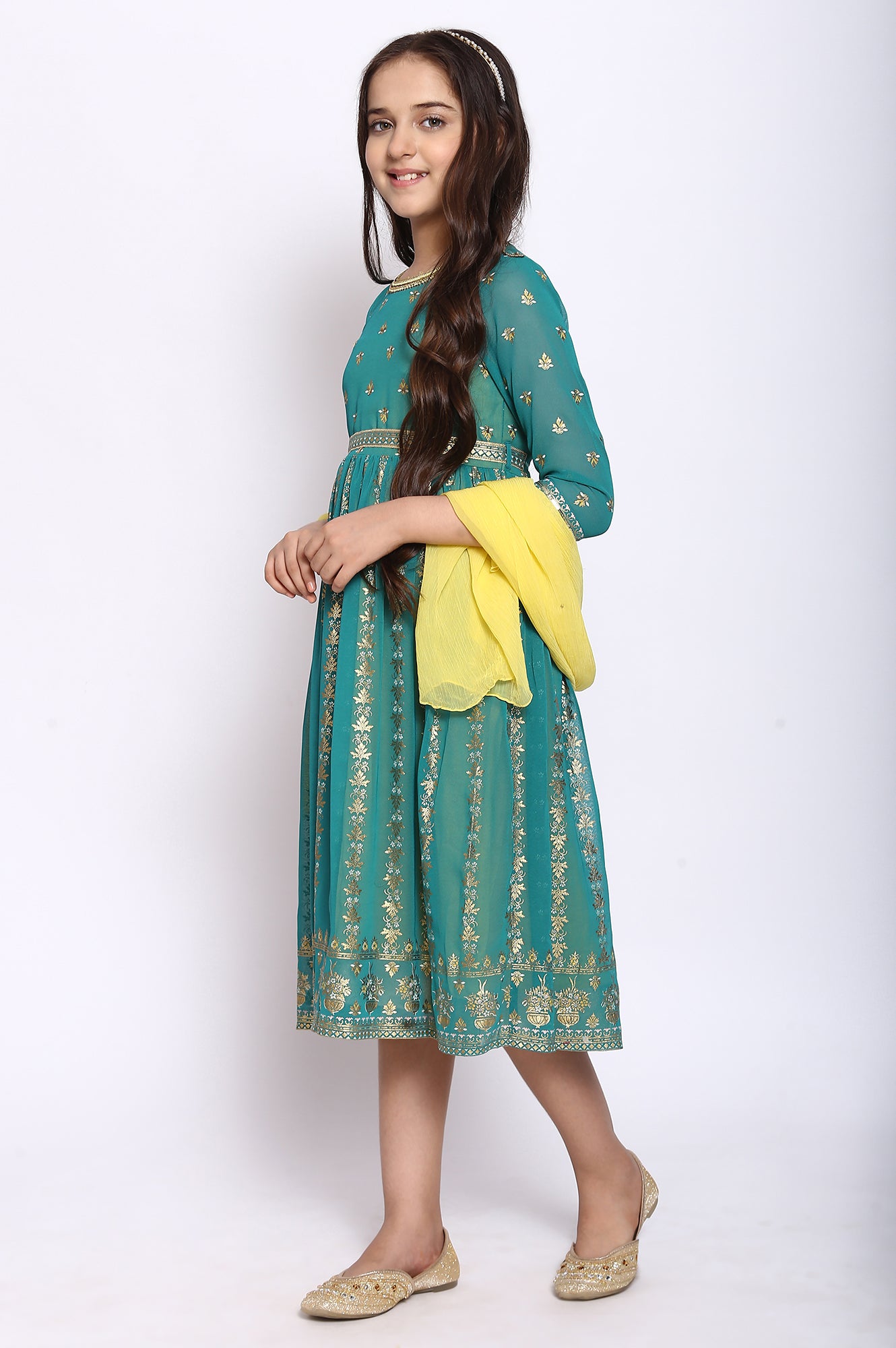 Green Flared Dress-Dupatta Girls Set