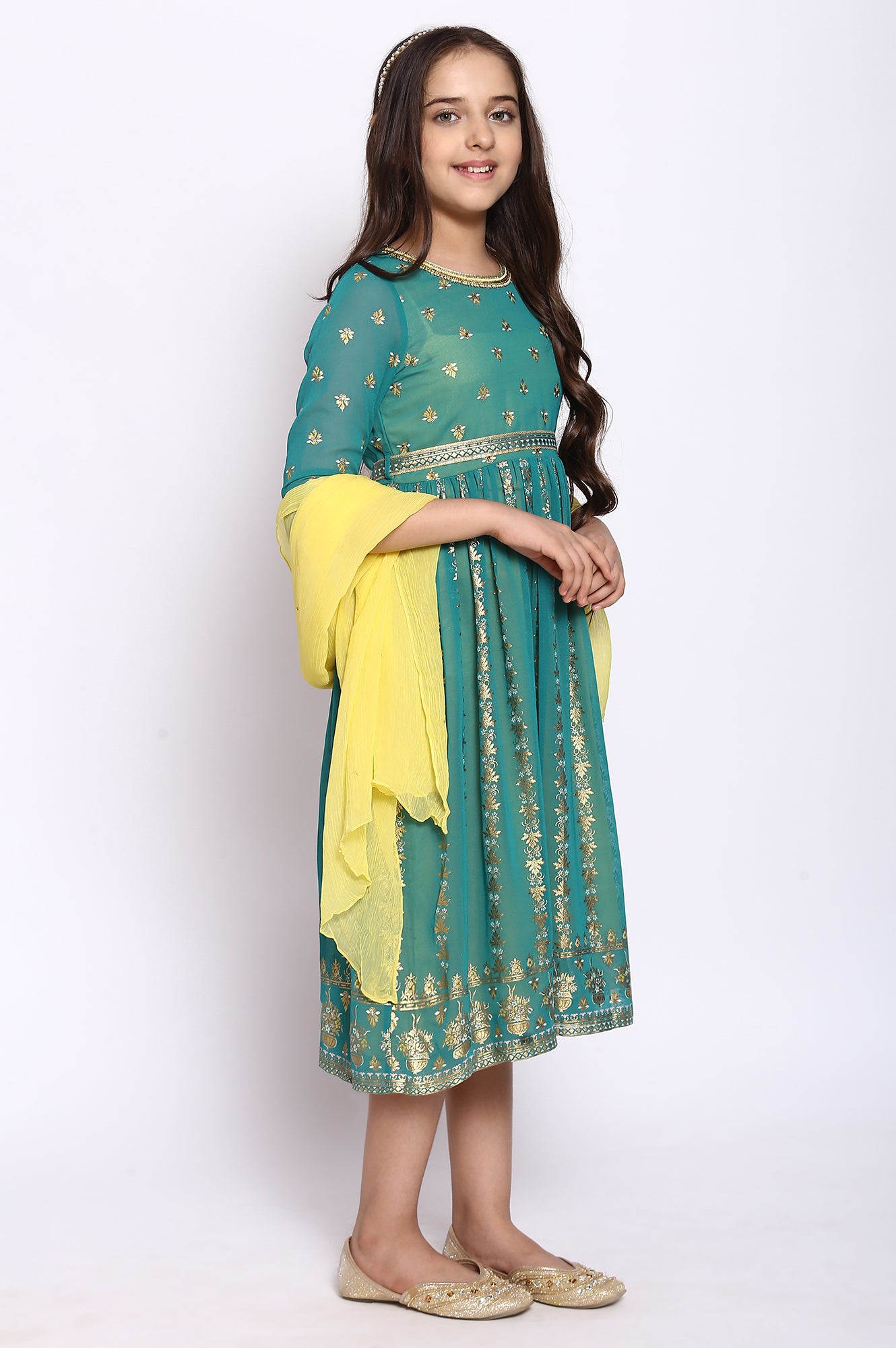 Green Flared Dress-Dupatta Girls Set