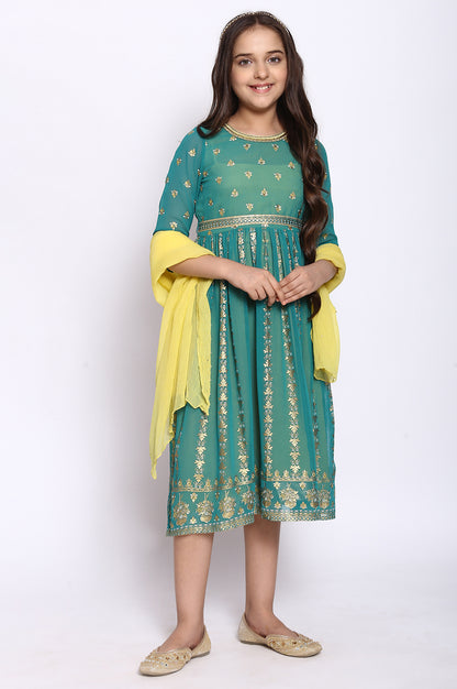 Green Flared Dress-Dupatta Girls Set