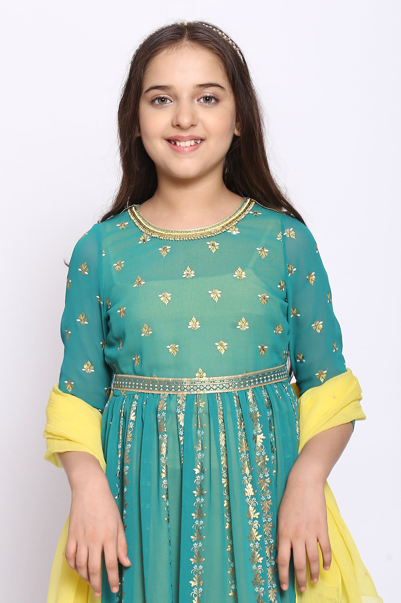 Green Flared Dress-Dupatta Girls Set