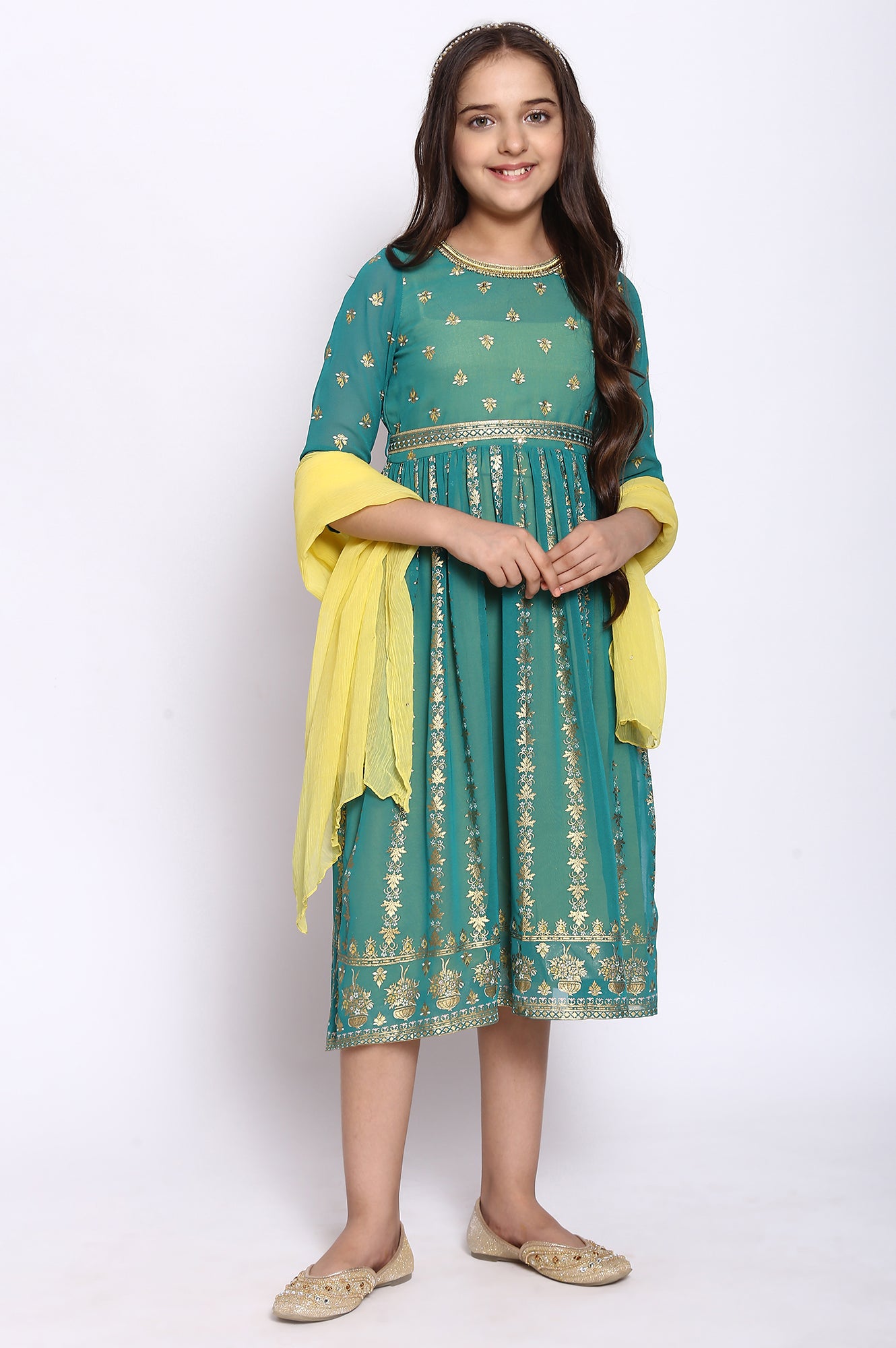 Green Flared Dress-Dupatta Girls Set