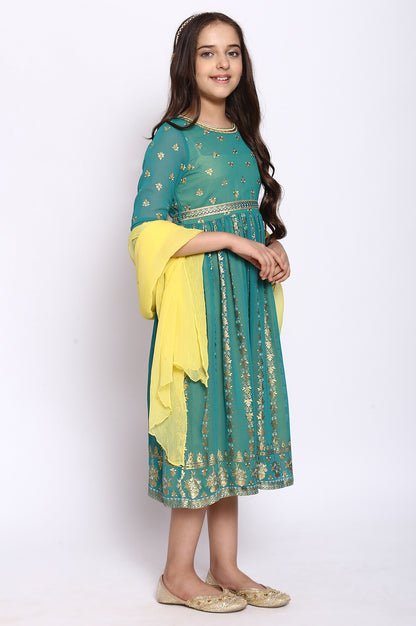 Green Flared Dress-Dupatta Girls Set