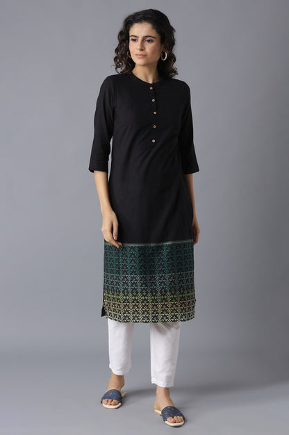 Black Mandarin Collar Printed Yarn-Dyed kurta