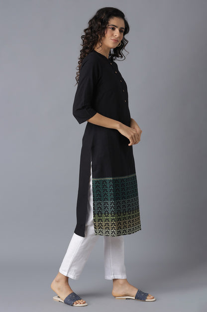 Black Mandarin Collar Printed Yarn-Dyed kurta