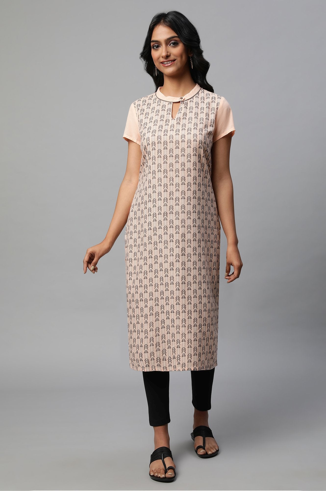 Peach Band Collar Printed kurta