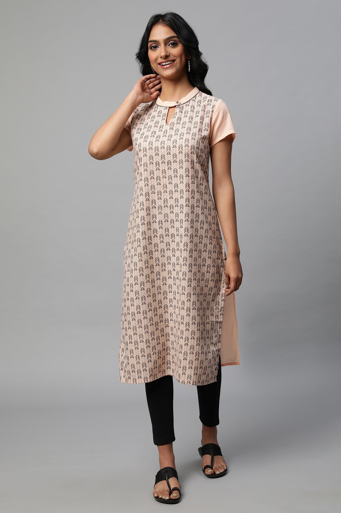 Peach Band Collar Printed kurta