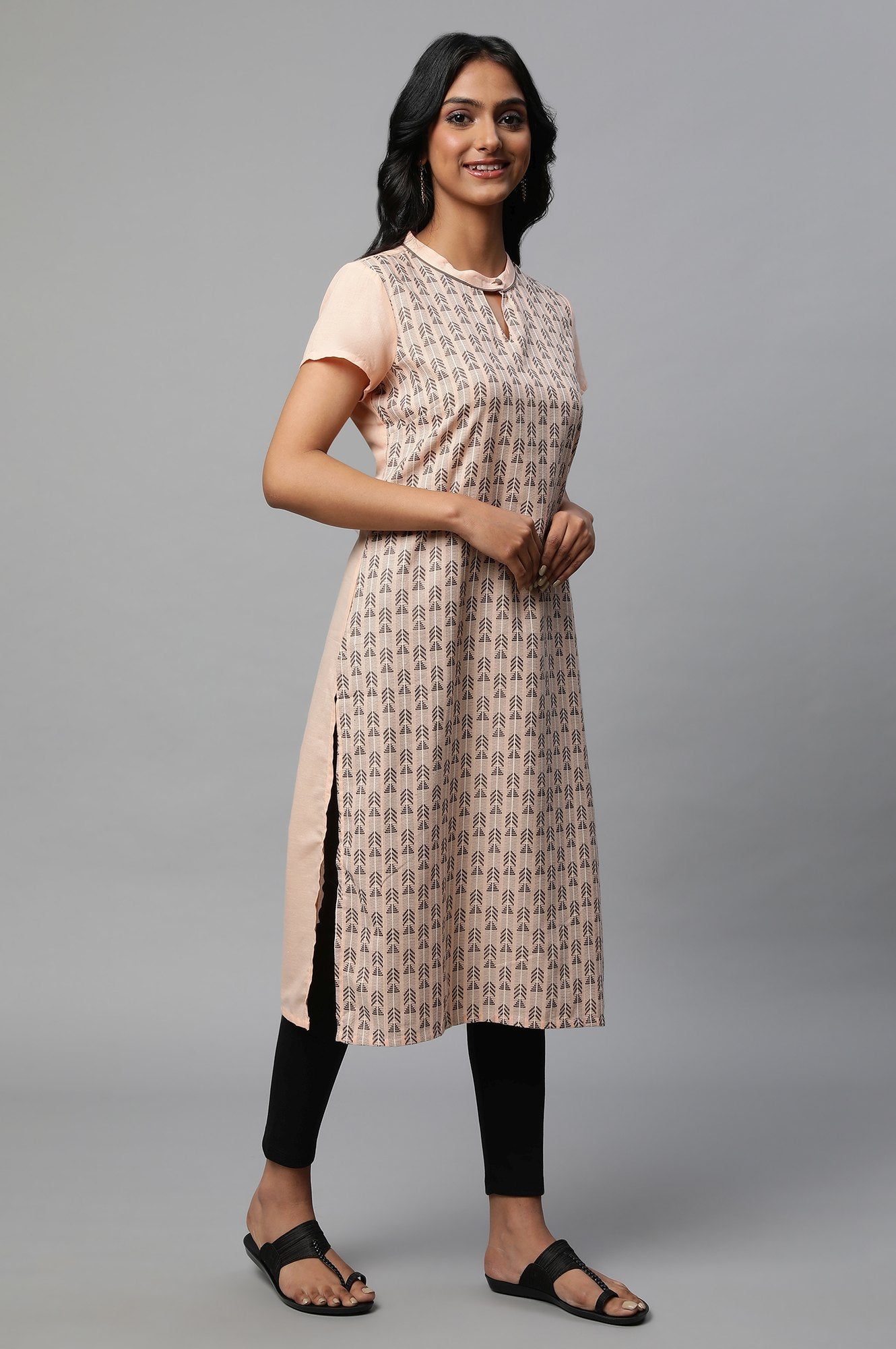 Peach Band Collar Printed kurta