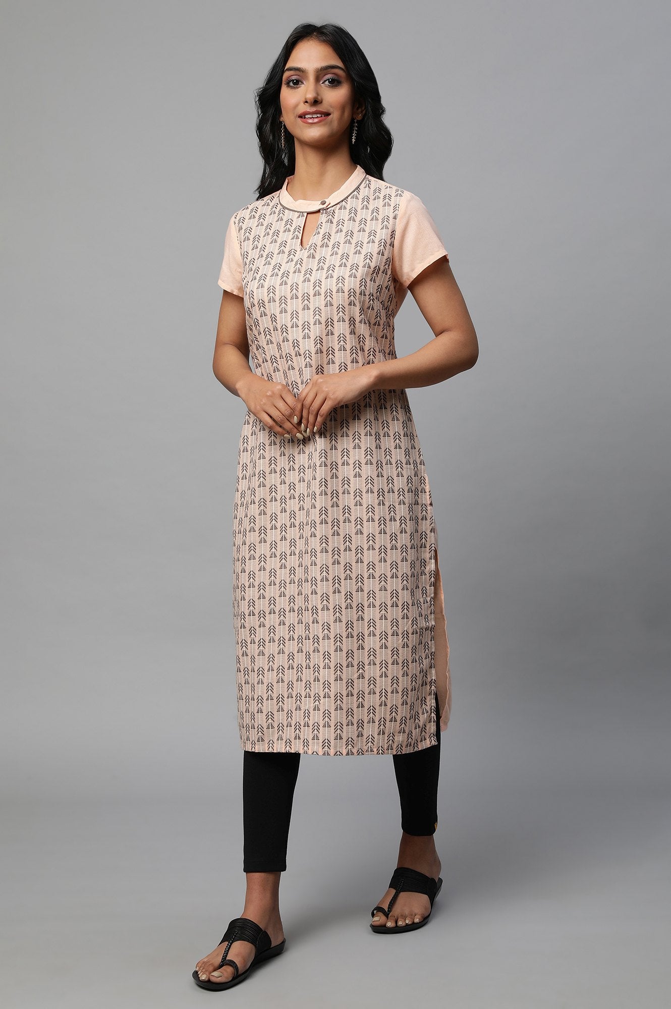 Peach Band Collar Printed kurta