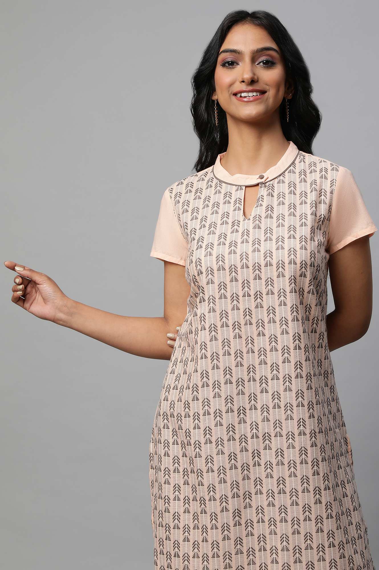 Peach Band Collar Printed kurta