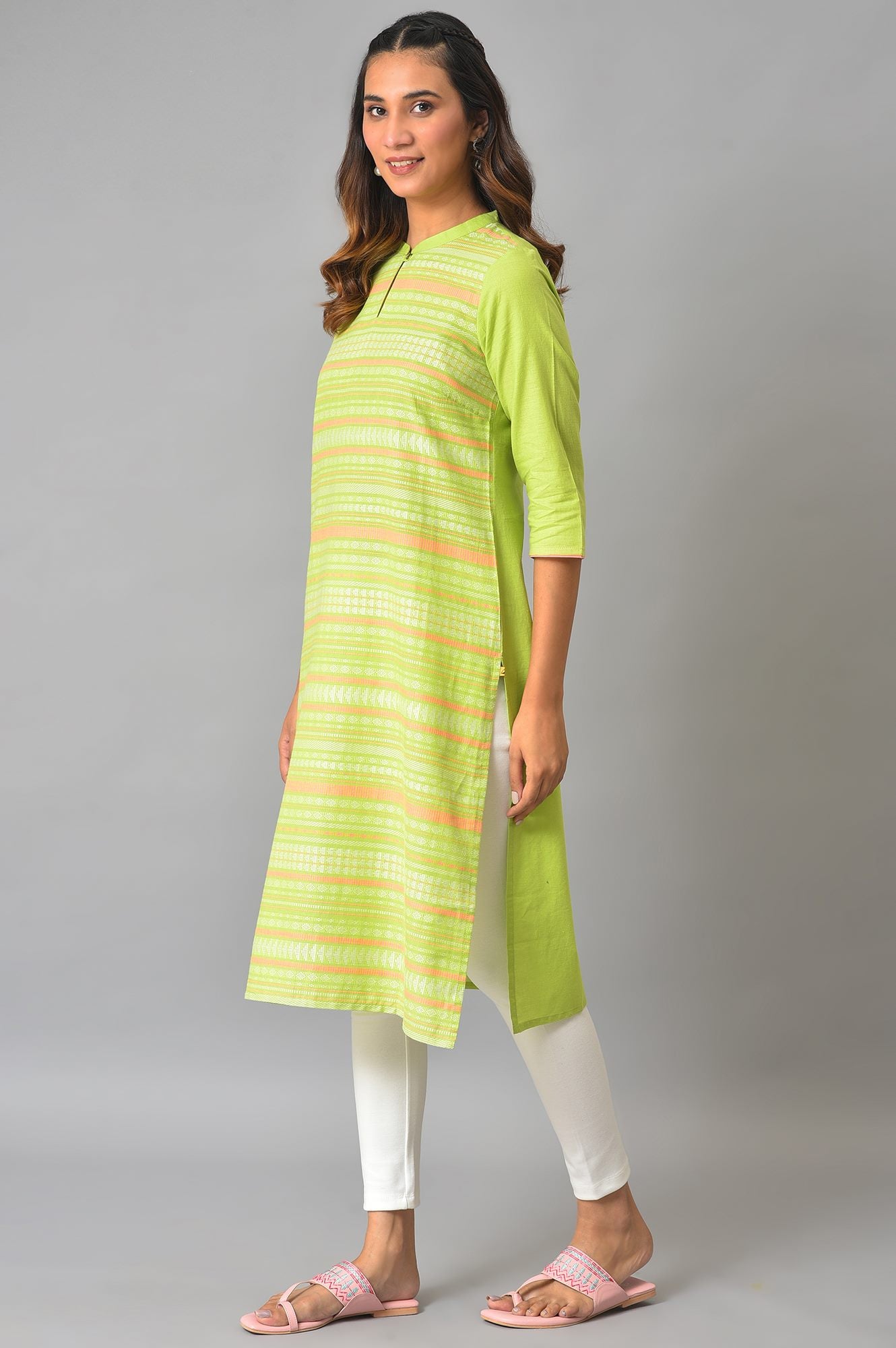 Green Mandarin Collar Yarn-Dyed kurta