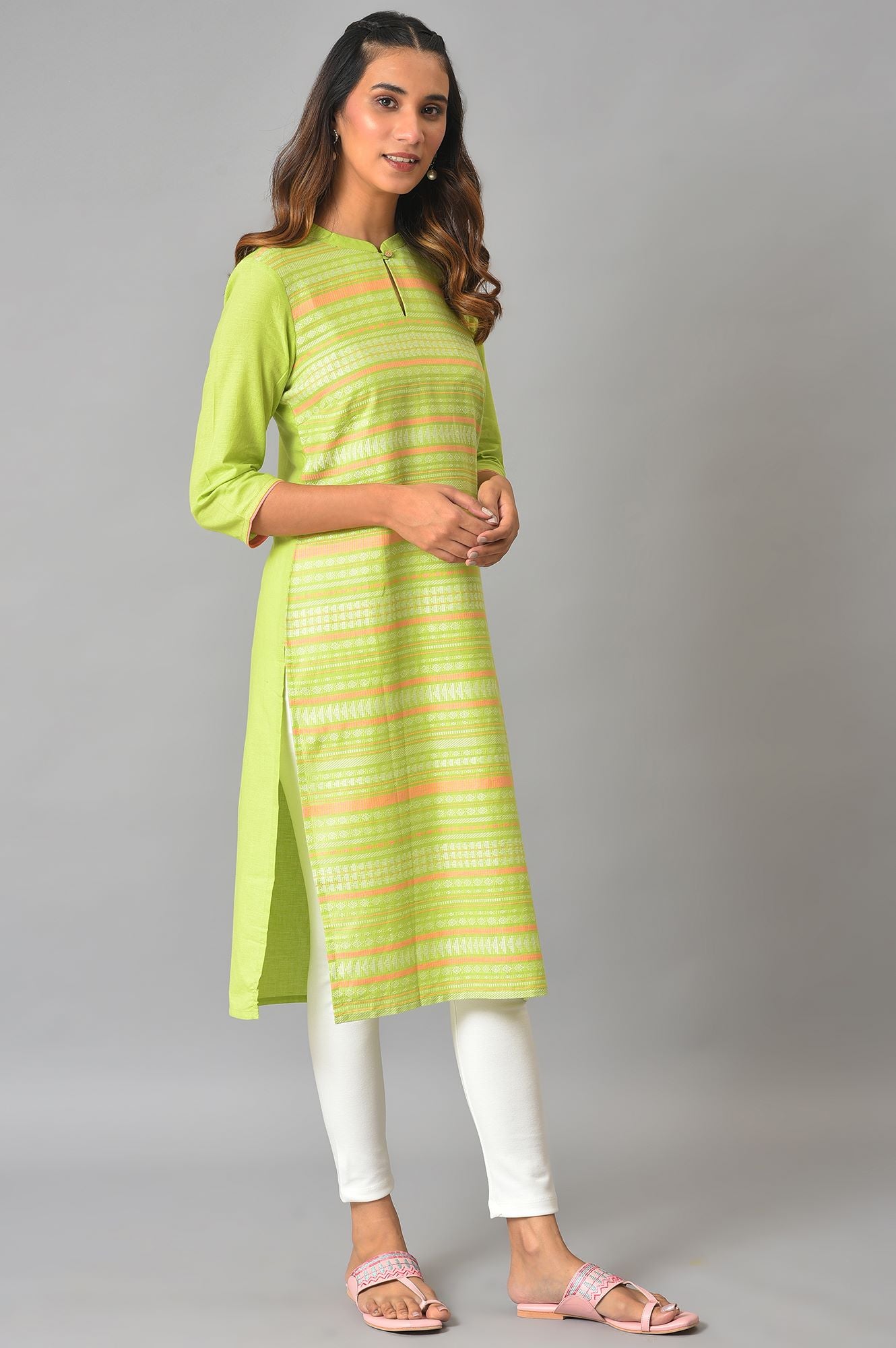 Green Mandarin Collar Yarn-Dyed kurta